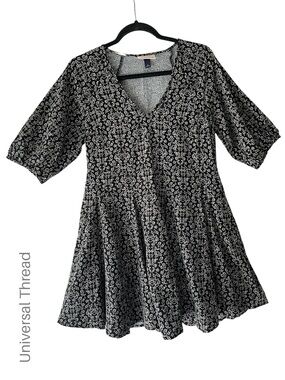 UNIVERSAL THREAD NWOT BLACK FLORAL MINI DRESS V-NECK POCKETS BELL SLEEVE | XS